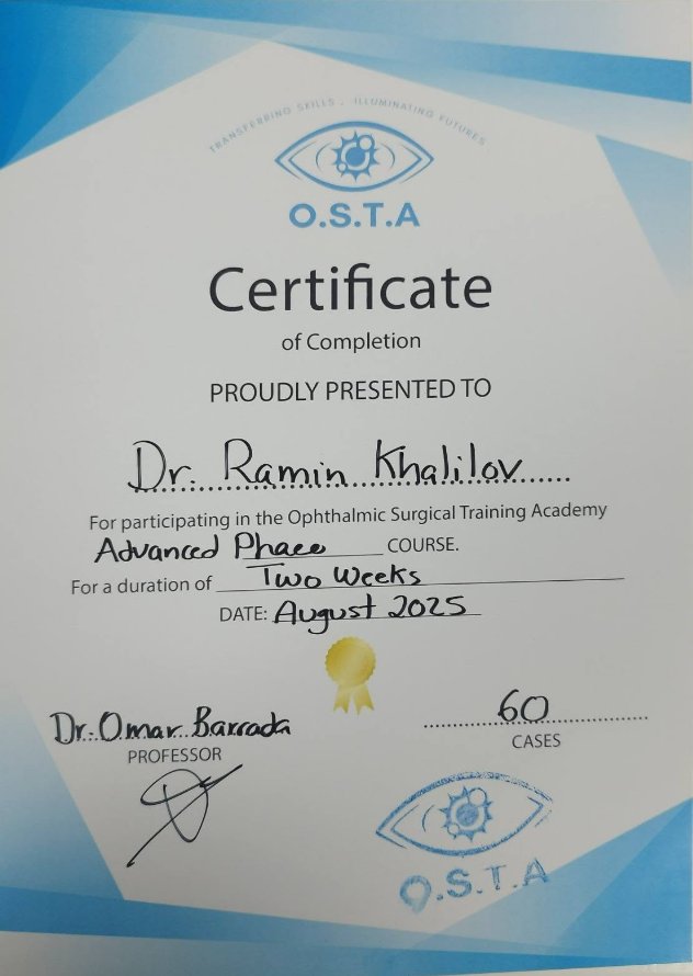 O.S.T.A Advanced Phaco kursunun sertifikatı